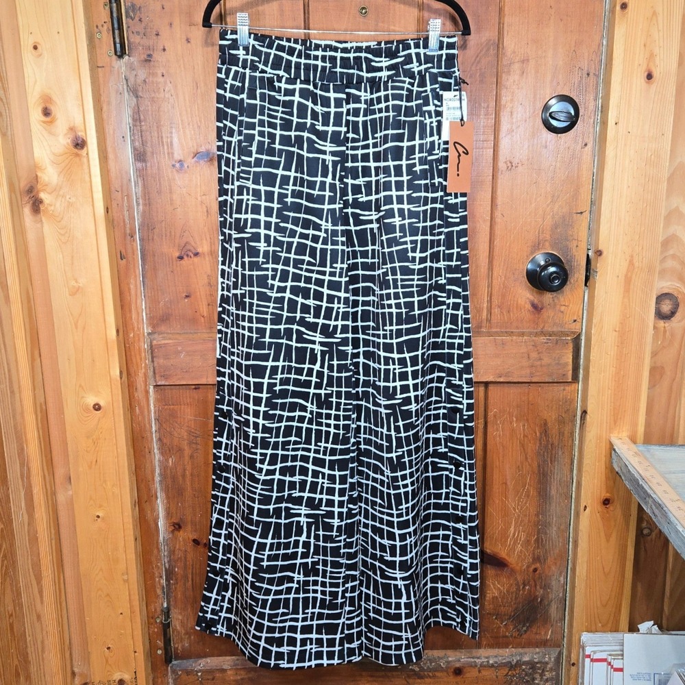 Nordstrom‎ Cristina Martinez Black White Ladder Grid Wide Leg Snap Pants Medium - Picture 3 of 6
